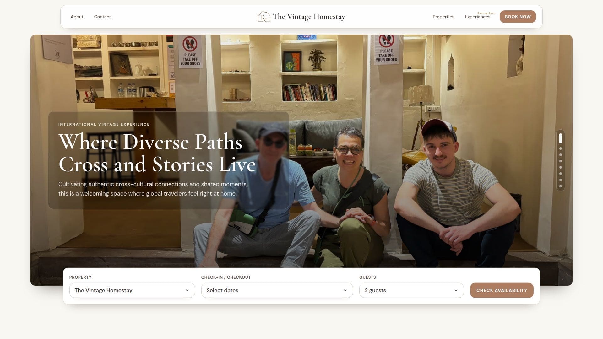 The Vintage Homestay booking website proof screen.